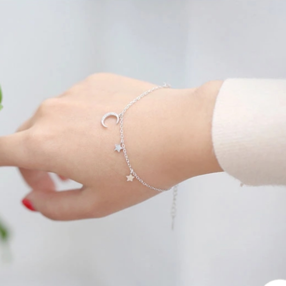 S925 sterling silver crescent moon stars bracelet - Picture 3 of 8